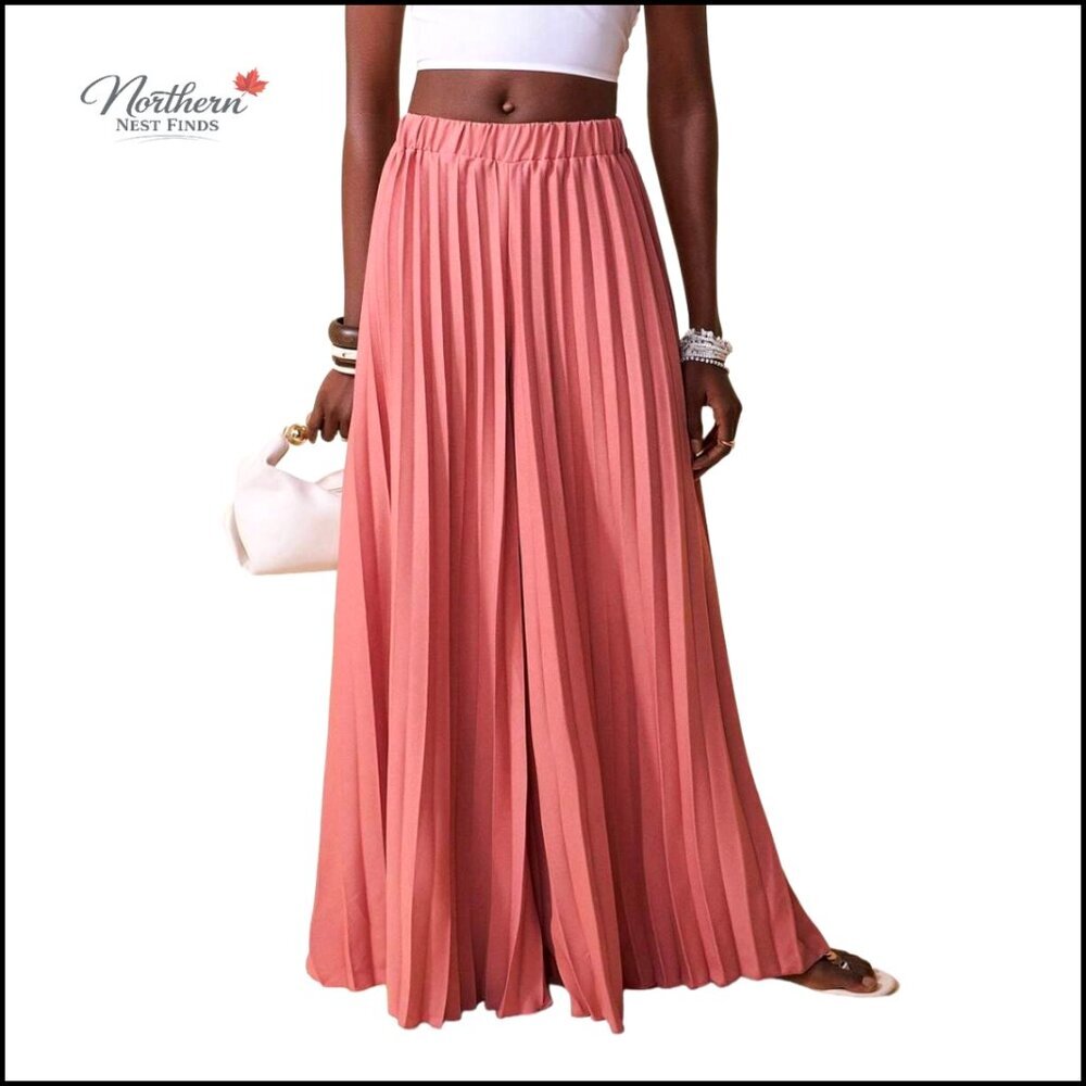High Waisted Wide Leg Palazzo Pants Elastic Waist Pleated Flowy Trousers